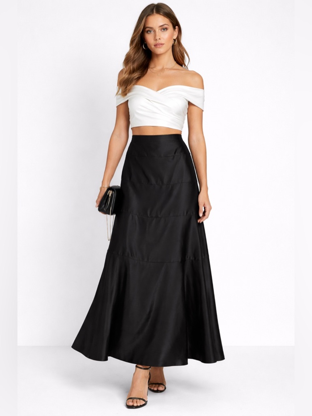 VTG BCBG Maxazria Black Satin Tiered Maxi Skirt High Waist A-Line Long Skirt